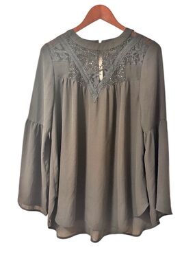 Express Elegant Black Long Sleeve Blouse with Lace & Sequin Detail